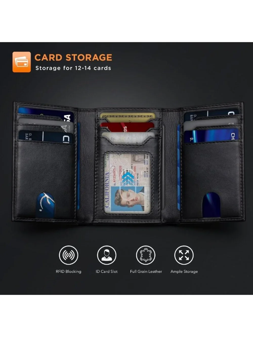 Slim RFID Blocking Leather Trifold Wallet for Men - 11 Card Slots, ID Window